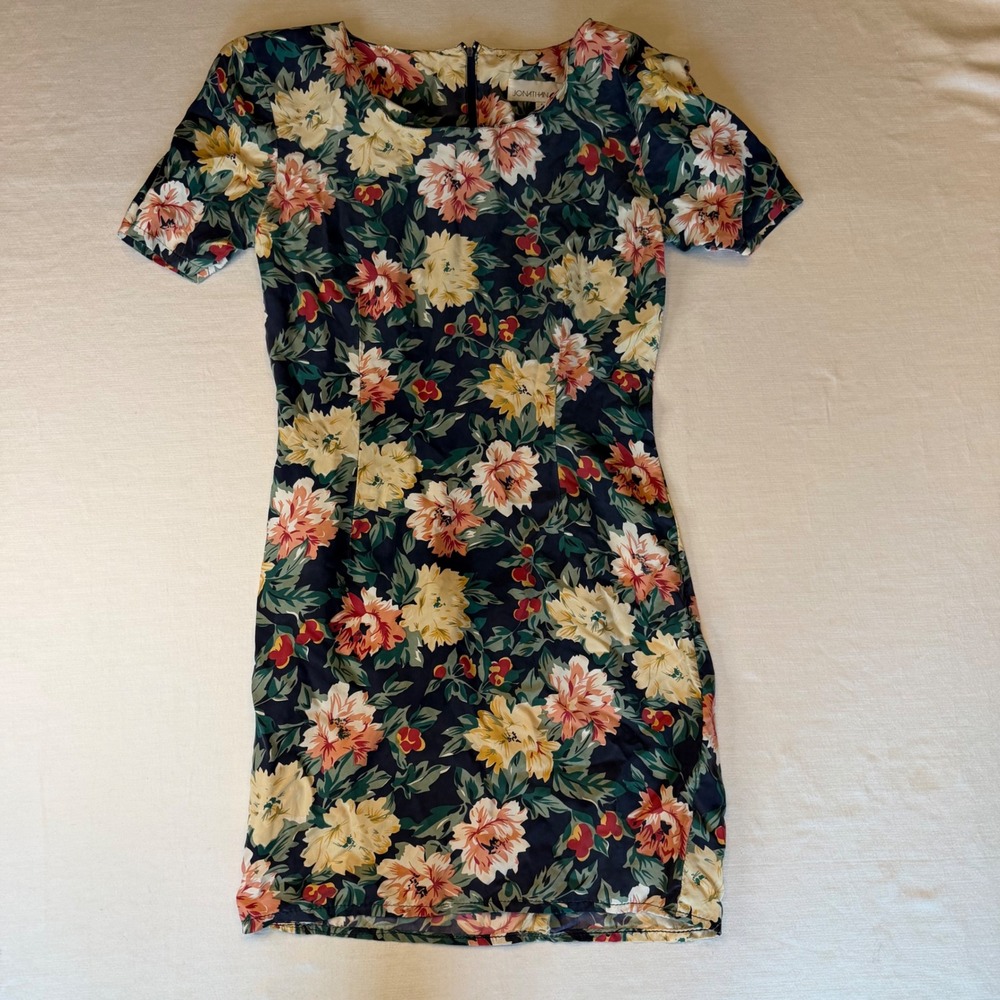 Vintage Jonathan Martin Floral Dress Women 3 /4 Navy Silk Shoulder Pads Mini